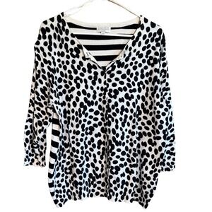 JOSEPH A Womens Fits Large‎ Black White Polka Dot Striped Animal Cardigan